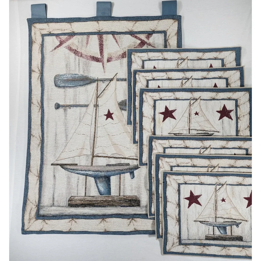 Wave Reviews Sailboat Wall Hanging Tapestry & 6 Placemats Set Nautical Coastal